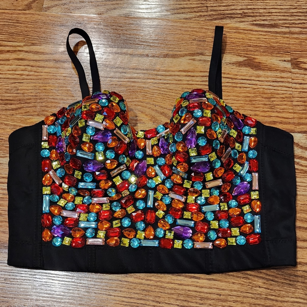 Black Rhinestone Bedazzled Bustier Corset Clubwear Women's Size XL (runs small)
